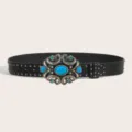 Black leather belt with vintage turquoise buckle and metal rivets for trendy jeans - Style D: 3.8cm Turquoise & Gunmetal Studded Belt (3 Leather Loops)