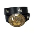 Retro punk zwarte lederen riem met antieke metalen paard gesp en klinknagels voor jeans. - Stijl J (3.8cm Gouden Gesp met Paardenhoofd Klinknagels) / Zwart