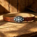 Western style brown leather belt with turquoise stone oval buckle and vintage longhorn floral print - 105cm / Style E Distressed Buckle / Dark Brown