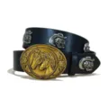 Western cowboy style PU leather belt featuring a golden horse buckle and silver skull studs. - S / Model B-02 Gold Buckle Skull / Black