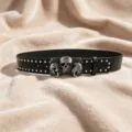 Black punk rock style leather belt featuring unique metal skull buckle and dual row stud details. - Style B: 3.8cm Three Skulls + Silver Studded Belt