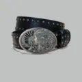 Vintage style black leather belt featuring a silver metal relief buckle and chic studs. - A款 银扣枪钉腰带 105cm