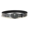 Punk style women's belt featuring a silver skull buckle and embossed floral leather strap. - Model G (Silver Buckle Embossed)