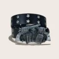 Black leather punk waist belt with star eyelets and vintage revolver poker metal buckle. - 105cm / Style D Poker Gun (Star Hole)