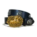 Western style black PU leather belt with gold horse buckle and silver skull rivet details. - S / Model D-02 Silver Buckle Skull / Black