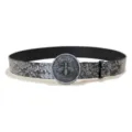 Vintage style women belt featuring a detailed bee motif round metal buckle and embossed floral strap. - Style G: 3.8cm Distressed Buckle & Silver Embossed Belt