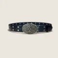 Dark blue leather belt with double eyelets and vintage ornate oval buckle for jeans. - Style E: 3.8cm Rotating Circle + Black Belt (Round Holes)