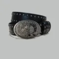 Vintage style black leather belt with metal studs and unique oval relief buckle accessory. - B款 银扣枪钉腰带 105cm
