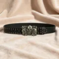 Punk style black leather belt featuring metal studs and a distinctive triple skull design. - Style C: 3.8cm Three Skulls + Gunmetal Studded Belt [Three Leather Loops]