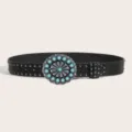 Black leather western belt with turquoise stones and metal studs, vintage style variant. - Style E: 3.8cm Turquoise and Gunmetal Stud Belt (Three Leather Loops)