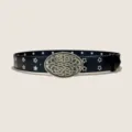Vintage Mongolian style black leather belt with intricate knot buckle and star metal grommets. - Style F: 3.8cm Chinese Knot + Black Belt (Star Holes)