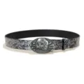 Punk style women's black leather belt featuring a silver tone skull buckle and embossed floral design. - Model H (Silver Buckle Embossed)