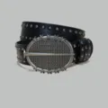 Black leather belt with metal studs and vintage silver oval star buckle for men and women. - C款 银扣枪钉腰带 105cm