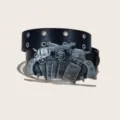 Retro punk style leather belt for women with double eyelets and unique poker revolver buckle. - 105cm / Style D Poker Gun (Round Hole)