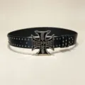 Punk style black leather belt with metal studs and iron cross buckle for men and women fashion. - Size S (105cm) / Style A (Silver Buckle Gun Nail Belt)
