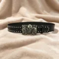 Punk style black leather belt with metal studs and unique triple skull buckle for men and women. - Style C: 3.8cm Three Skulls + Silver Studded Belt
