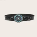 Black leather western belt featuring ornate turquoise stone buckle and cool silver metal rivets. - Style E: 3.8cm Turquoise and Silver Stud Belt