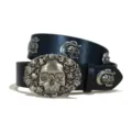 Cinturón de cuero negro estilo punk gótico para hombre con hebilla de calavera - Estilo D-02 (Cráneo) / Talla S - 105 cm