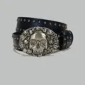 Black leather punk rock belt with metal skull buckle and studs for jeans and skirts variant - D款 银扣枪钉腰带 105cm