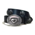 Western cowboy style PU leather belt with oval horse buckle and punk skull rivet details. - S / Model A-01 Silver Buckle Cross Rivet / Black