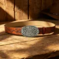 Western vintage brown leather belt with carved metal buckle and bull head pattern for women - 105cm / Style J Gold Buckle / Dark Brown