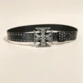 Punk style black leather belt featuring metal studs and large skull cross buckle design. - Size S (105cm) / Style B (Silver Buckle Gun Nail Belt)