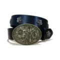 American vintage western style women's black leather belt with flower metal buckle and rivets. - Size S - 105cm / Style F-01: 3.8cm Gold Buckle and Black Belt (Flower Studs)