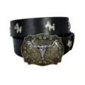 Vintage punk zwarte lederen riem met stierenkop gesp en paard klinknagels voor mode. - Stijl L (3.8cm Antiek Gouden Gesp met Paardenhoofd Klinknagels) / Zwart