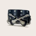 Punk style black leather belt featuring a striking silver double guitar buckle and star grommets. - 105cm / Style E Guitar (Star Hole)