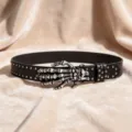 Punk skull hand buckle black leather belt with silver studs and crystal accent fashion waist - Style D: 3.8cm White Rhinestone + Gunmetal Studded Belt [Three Leather Loops]