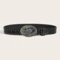 Vintage turquoise rivet leather belt, retro style buckle jean belt for men and women. - Style F: 3.8cm Feather Buckle and Gunmetal Stud Belt (Three Leather Loops)