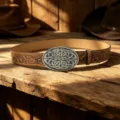 Vintage western leather belt for women with embossed floral strap and ornate oval metal buckle. - 105cm / Style J Gold Buckle / Khaki