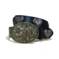 Vintage Y2K Western style black leather belt with floral buckle and metal heart studs. - Size S - 105cm / Style F-02: 3.8cm Gold Buckle and Black Belt (Heart Studs)