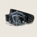Gothic retro grim reaper metal buckle leather belt for men and women punk style trousers - E款 银扣枪钉腰带 105cm