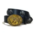 Western cowboy style PU leather belt with dual horse oval buckle and gothic skull rivet studs. - S / Model B-01 Gold Buckle Cross Rivet / Black