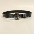 Punk style black leather belt with metal studs and skull cross buckle for men and women - Size S (105cm) / Style C (Silver Buckle Gun Nail Belt)