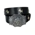 Vintage punk stijl zwarte lederen riem met zilveren stier gesp en paard klinknagels heren dames - Stijl V (3.8cm Zilveren Gesp met Paardenhoofd Klinknagels) / Zwart