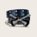 Black double grommet leather belt with a unique rock style crossed electric guitars buckle. - 105cm / Style E Guitar (Round Hole)