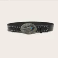 Vintage retro style black leather belt with silver studs and turquoise feather oval buckle. - Style F: 3.8cm Feather Buckle + Silver Studded Belt