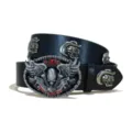 Cinturón de cuero punk rock para hombre con hebilla de calavera y remaches estilo urbano. - Estilo E-02 (Cráneo) / Talla S - 105 cm