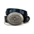 Western vintage style black leather belt with large ornate silver buckle and flower rivets. - Size S - 105cm / Style G-01: 3.8cm Silver Buckle + Black Belt [Flower Studs]