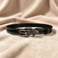 Punk style black leather belt featuring metal studs and a unique skeleton hand buckle design. - Style D: 3.8cm White Rhinestone + Silver Studded Belt