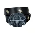 Vintage punk stijl zwarte lederen riem met grote Texas stier schedel gesp en klinknagels. - Stijl X (3.8cm Zilveren Gesp met Paardenhoofd Klinknagels) / Zwart