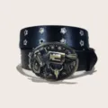 Vintage western black leather belt featuring double eyelets and ornate revolver buckle. - 105cm / Style F Pistol (Star Hole)