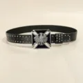 Punk style black leather belt featuring silver metal studs and a bold eagle cross buckle. - Size S (105cm) / Style D (Silver Buckle Gun Nail Belt)