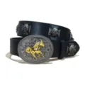 Western Cowboy PU Leather Belt with Oval Gold Horse Buckle and Skull Rivets for Jeans - S / Model C-01 Silver Buckle Cross Rivet / Black