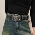 Vintage skull metal buckle leather belt with double grommets, gothic style punk waist belt for jeans. - F款 银扣枪钉腰带 105cm