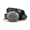 Black western leather belt with silver vintage heart metal conchos and round buckle. - Size S - 105cm / Style G-02: 3.8cm Silver Buckle + Black Belt [Heart Studs]