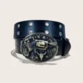 Vintage style double grommet black leather belt with revolver and skull metal buckle accessory - 105cm / Style F Pistol (Round Hole)