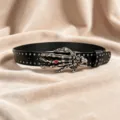 Black leather punk belt featuring silver skeleton hand buckle and red gemstone studs. - Style D: 3.8cm Red Rhinestone + Gunmetal Studded Belt [Three Leather Loops]